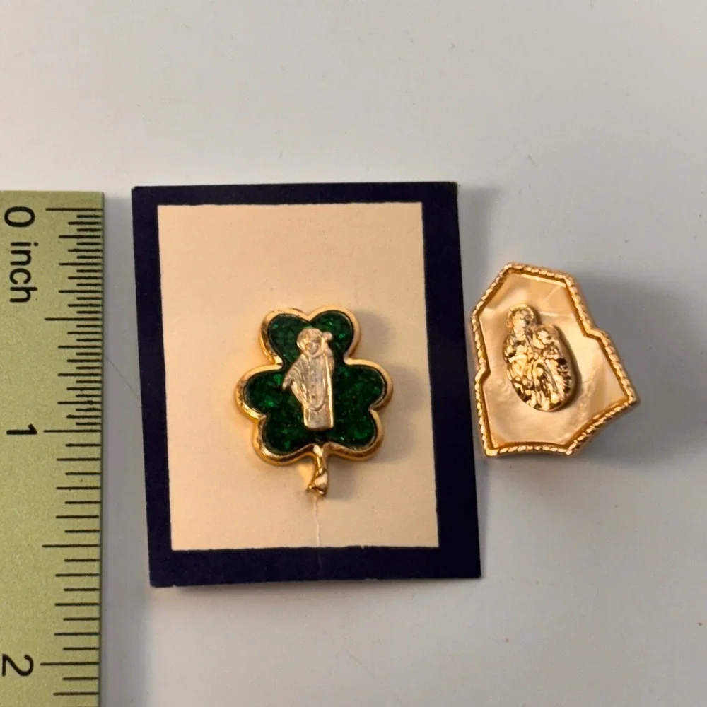 Vintage Religious Pin Set Gold Green Saint Patrick Mother Mary Catholic Jewelry